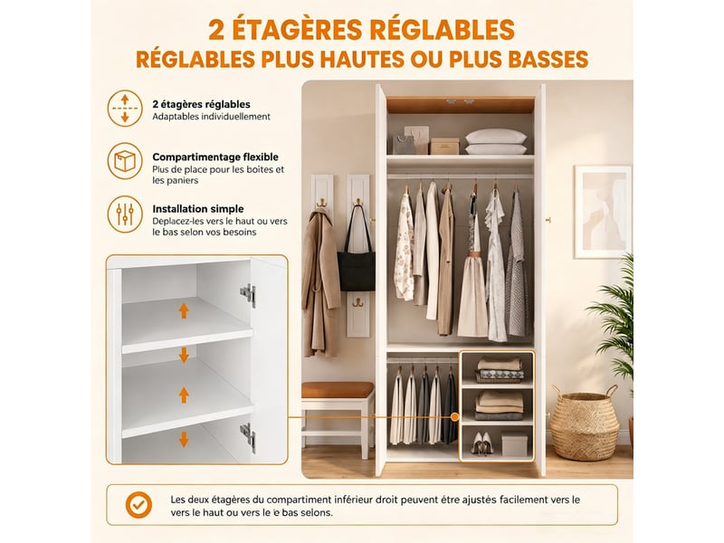  Armoire 3 portes de chambre, 120 x 50 x 200 cm, 2 penderies, 1 tiroir, 6 compartiments de rangement et une niche ouverte, blanc  - Conforama E