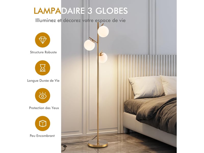Costway lampadaire à 3 globes, lampe sur pied moderne avec interrupteur à pied et poteau métallique, 3 culots d'ampoule e27, pour salon, chambre, bureau, doré  - Conforama D
