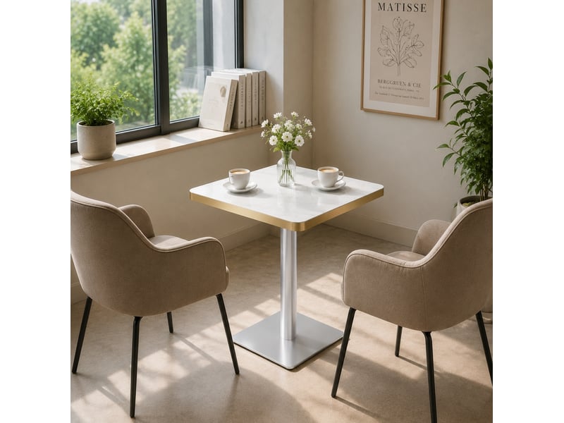  Table à manger carrée avec plateau effet marbre blanc, bord doré, piètement en métal  - Conforama D