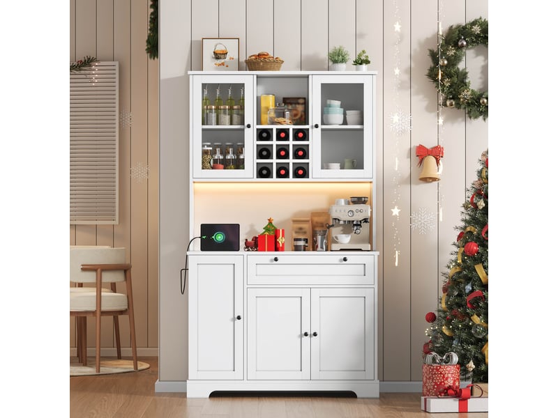  Vitrine de cuisine haute avec led et prise, armoire de rangement avec range-épices et étagères réglables, buffet vaisselier, 180 × 105 × 40 cm, blanc CARDUME ESTIVAL - Conforama B