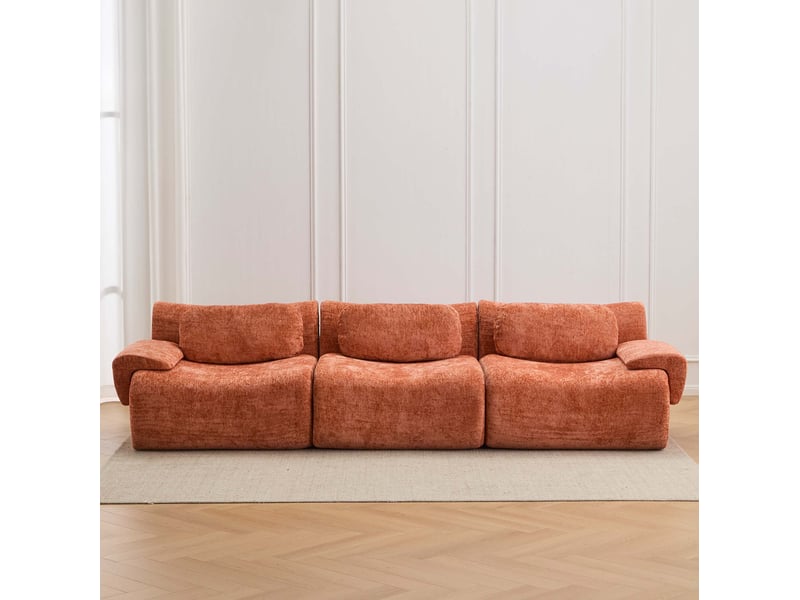 Canapé droit 3 places 288x101x69 cm orange en chenille, design ondulé, assise en mousse et larges accoudoirs - Conforama B