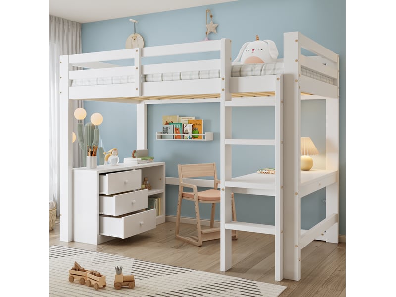  Lit mezzanine enfant 90x200 cm avec bureau, rangements et échelle, blanc  - Conforama D