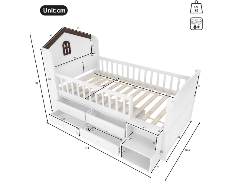 Lit cabane 90x200 cm, 4 tiroirs, éclairage led programmable, échelle intégrée, garde-corps, pin, blanc, sans matelas - Conforama C
