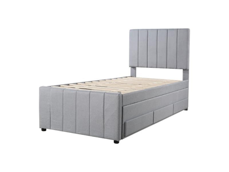 Lit rembourré jeune 90x200 cm avec 1 lit gigogne 90x190 cm et 3 tiroirs, lin et mdf, gris (sans matelas) - Conforama R