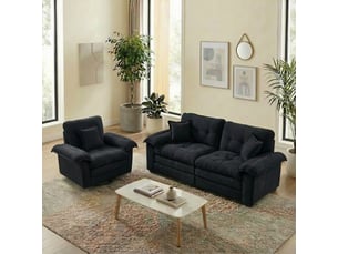 Ensemble canapé noir 2 places : fauteuil + canapé droit en tissu chenille avec rangement intégré et coussins décoratifs pour salon moderne
