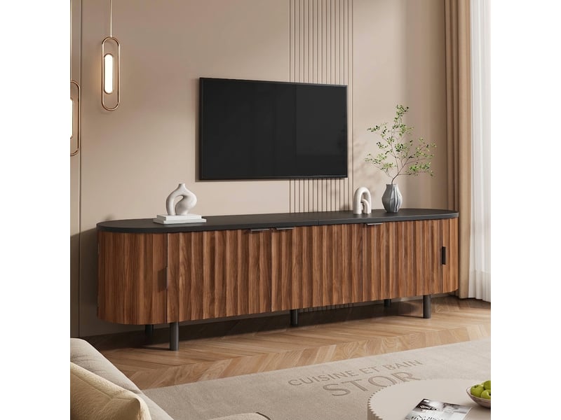  Meuble tv noyer 170 cm en mdf avec 5 portes à façade rainurée et bords arrondis  - Conforama D
