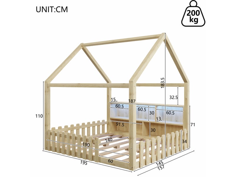 Lit cabane enfant 140x190 cm avec barrières, rangements ouverts, éclairage led et sommier à lattes, pin naturel  - Conforama C