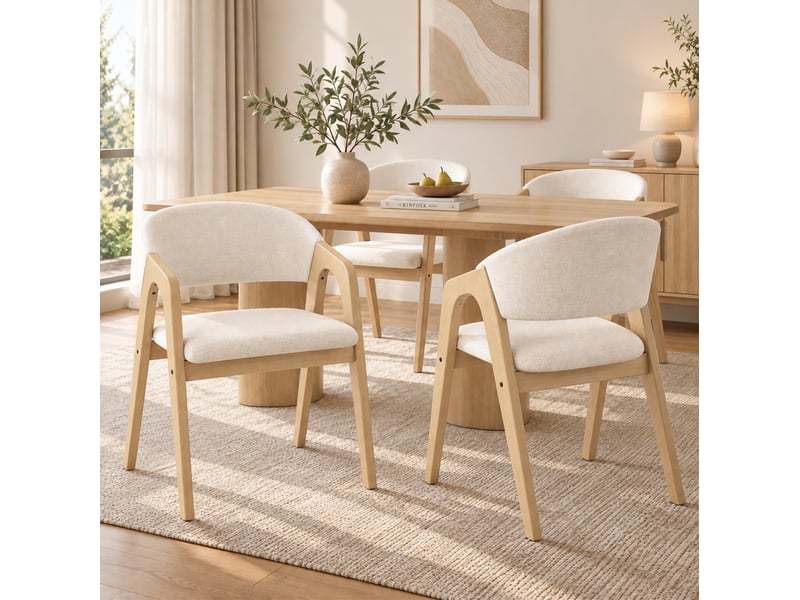  Lot de 6 chaises de salle à manger avec accoudoirs en lin beige et bois naturel  - Conforama W