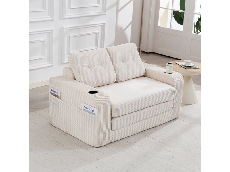  Canapé convertible 2 places en velours côtelé beige 136 cm, canapé lit compact avec assise rembourrée pour petit salon IKSETERA TRADING LTD - Conforama B