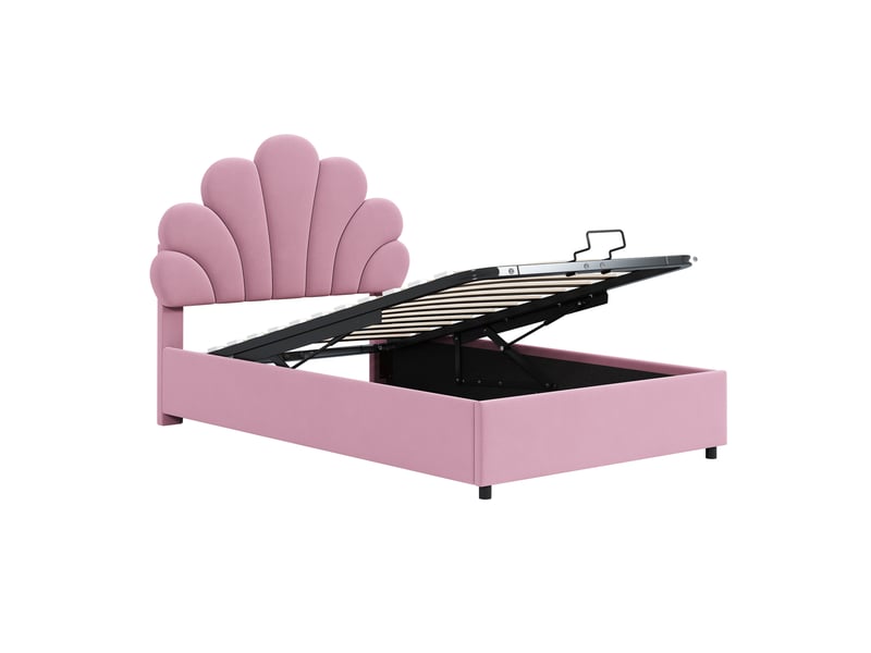 Lit coffre enfant 90x200 cm avec espace de rangement, tête de lit réglable et sommier, velours, rose, sans matelas - Conforama E