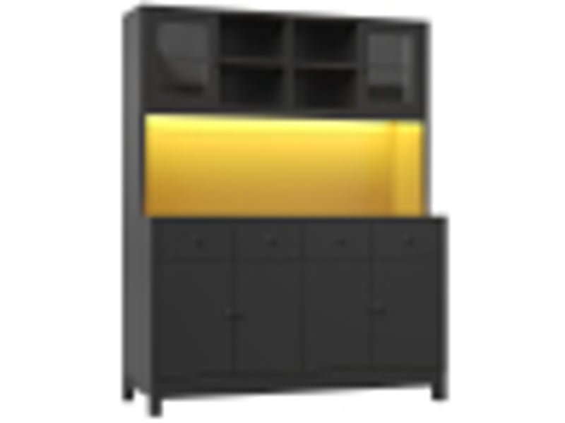 Buffet haut, coloris noir, 140 × 38,5 × 180 cm, mdf, métal et verre, led rgb pilotable par application, portes vitrées - Conforama A