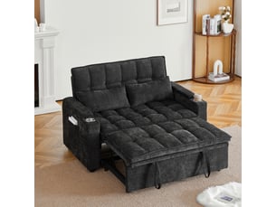 Canapé convertible 3-en-1 142 x 89 x 89 cm, coussins assise et dossier moelleux, 2 lombaires, tablette et porte-gobelet, chenille, noir