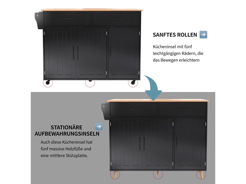 Desserte de cuisine,129x46x91,5 cm,avec plan rabattable,mdf,noir et naturel - Conforama E