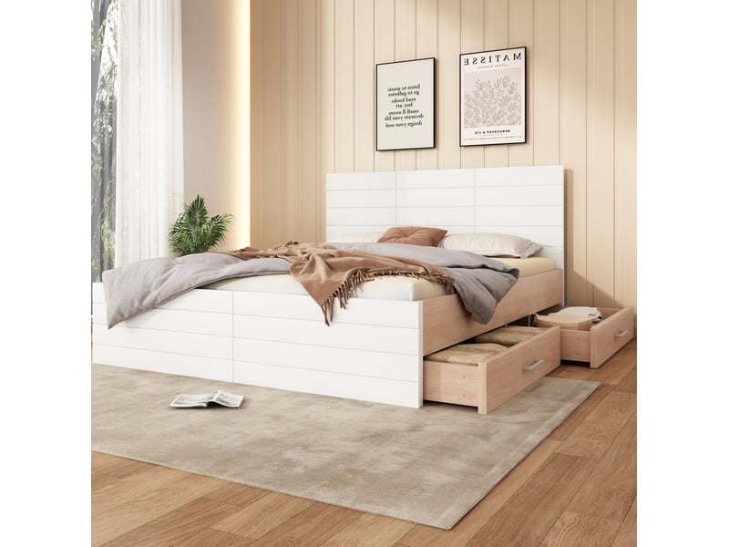  Lit double 160x200 cm avec 2 tiroirs, bois et mdf, blanc et chêne clair sans matelas  - Conforama C