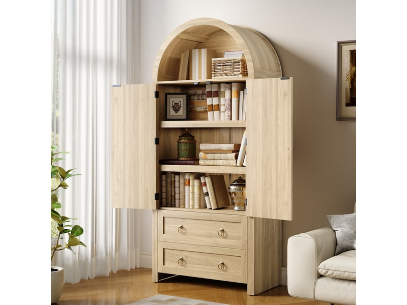  Buffet haut arqué 2 portes effet cannage et 2 tiroirs décor chêne clair 80 × 40 × 180 cm IKSETERA TRADING LTD - Conforama D