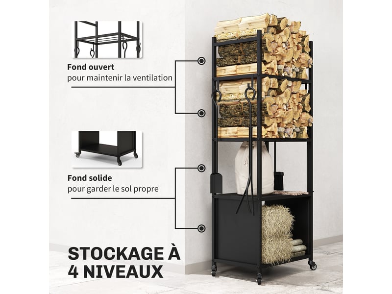  Chariot porte-bûches sur roulettes, 4 niveaux, 4 outils, métal noir, charge 60 kg  - Conforama R