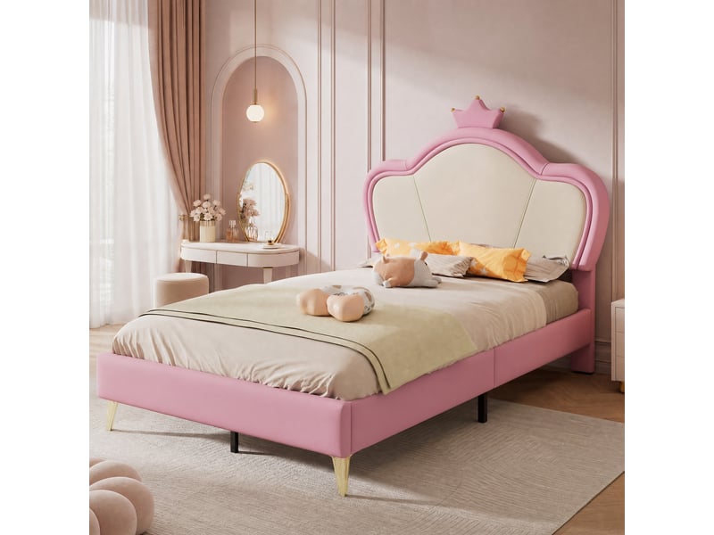  Lit enfant rembourré à couronne 90x200 cm en pu rose et blanc  - Conforama D