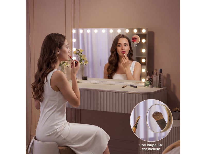  Miroir coiffeuse led 58 x 48 cm - rectangulaire avec 3 couleurs d’éclairage, miroir grossissant 10x amovible et mémorisation du réglage - à poser ou à fixer au mur  - Conforama B