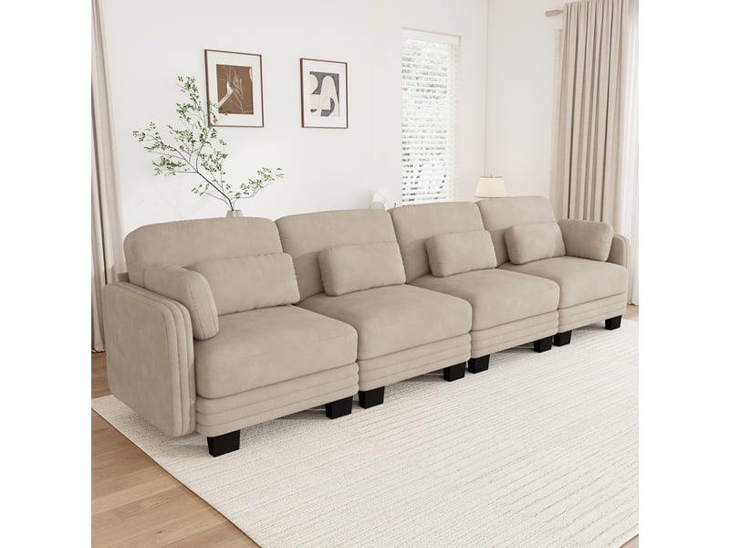 Canapé droit modulable 4 places 330x88x88 cm en chenille café clair - Conforama W