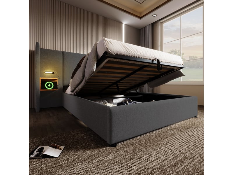 Lit rembourré 160x200 gris avec lampe de lecture, usb type-c et coffre de rangement - Conforama B
