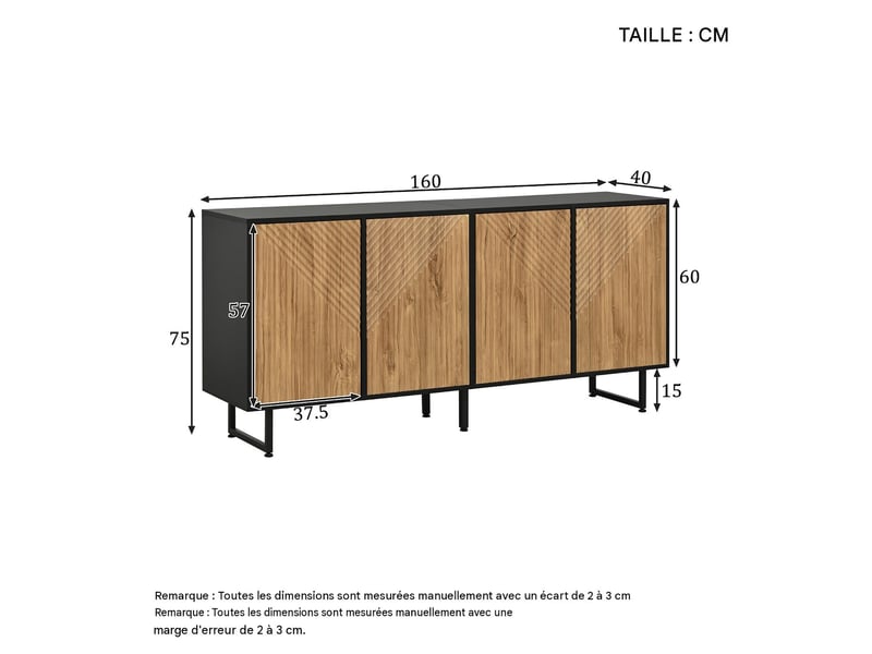  Buffet 4 portes en panneau de particules bois naturel et noir 160 x 40 x 75 cm  - Conforama C
