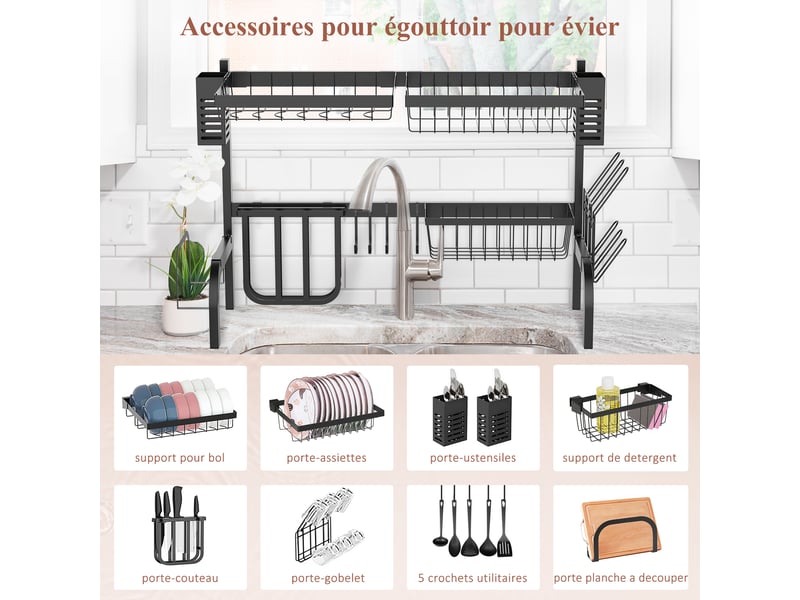  Égouttoir à vaisselle au-dessus de l'évier, séchoir à vaisselle 2 niveaux, modulables en acier 81,5 x 31,5 x 53,5cm noir  - Conforama E