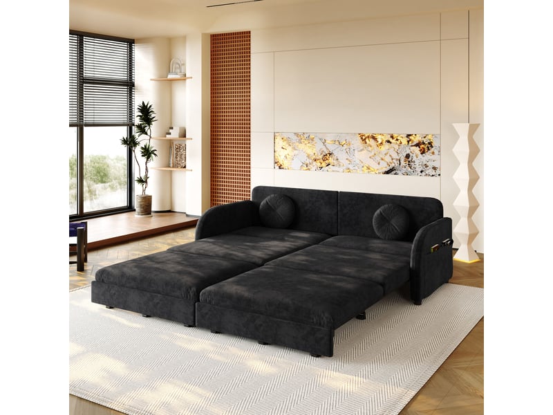  Canapé-lit couple queen-size extensible noir en chenille avec coussins et poches,  - Conforama E