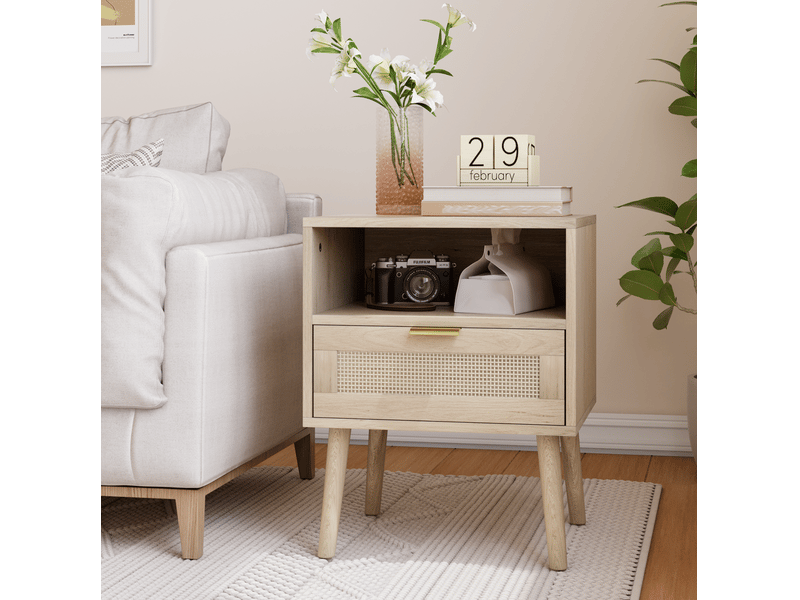  Table de chevet en vigne 45x40x55 cm, tiroir, niche ouverte, style bohème, pour chambre, mdf aggloméré, couleur chêne  - Conforama B