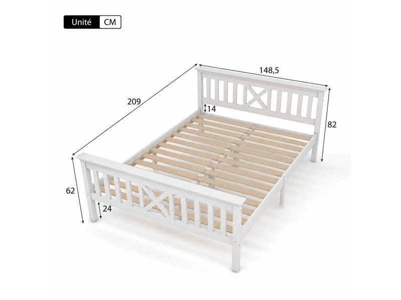 Lit blanc 140 x 200 cm avec sommier à lattes, pin massif et mdf, tête en x - Conforama C