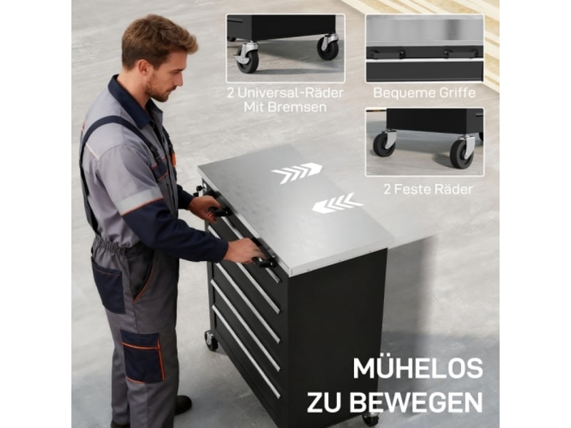  Armoire à outils mobile avec 5 tiroirs, servante d'atelier en acier argenté et noir, coffre roulant pratique pour garage  - Conforama E