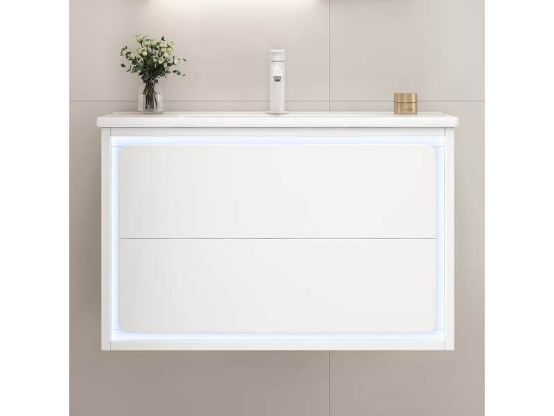  Meuble vasque mural salle de bain blanc 76 cm avec lavabo intégré, led capteur radar et 2 tiroirs silencieux  - Conforama B