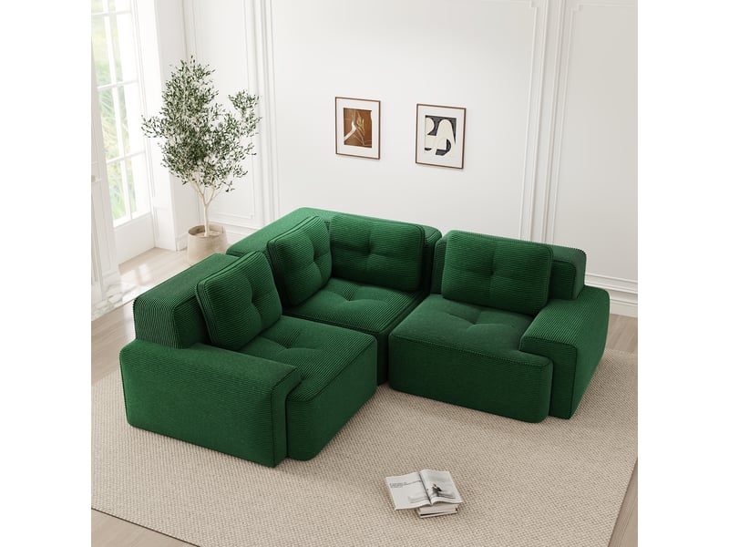  Canapé d'angle modulaire avec assise profonde et dossier enveloppant sans montage en tissu côtelé vert  - Conforama D