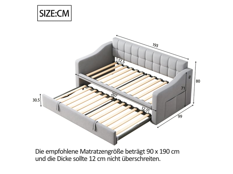 Canapé-lit convertible 90/180x190 cm, velours gris clair, ports usb, sans matelas - Conforama C