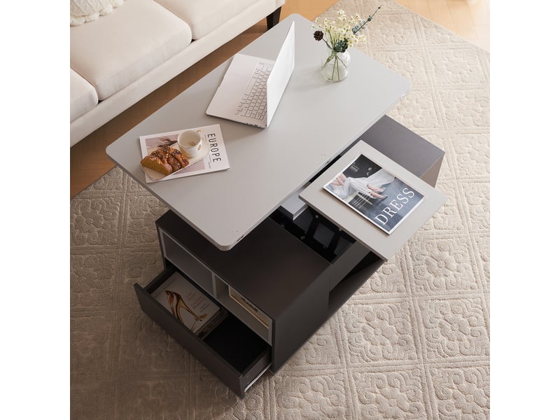  Table basse relevable avec 2 tiroirs, 1 porte et niches ouvertes et plateau modulable 2-en-1, pour salon, gris, 100×51×47 cm  - Conforama C