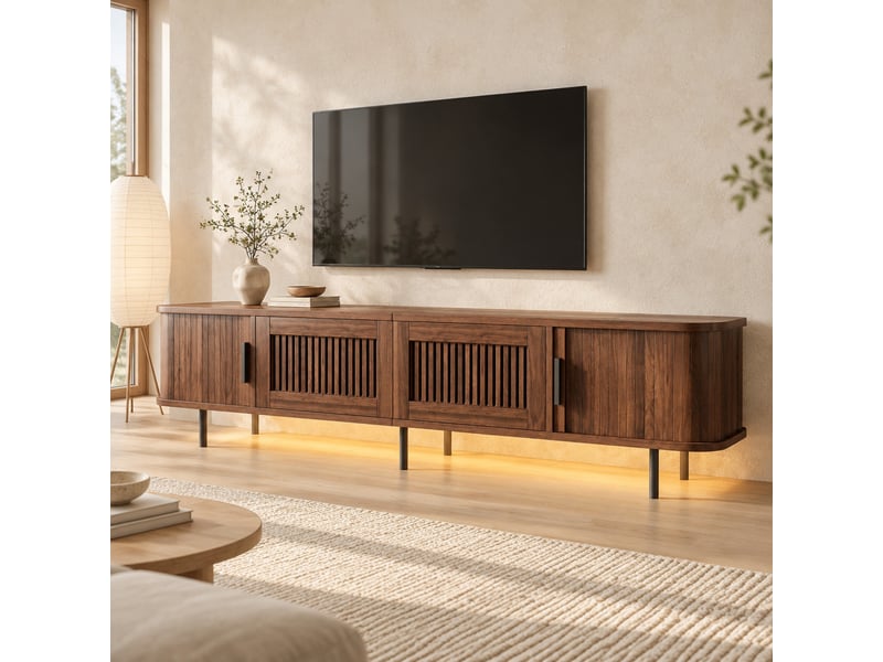  Meuble tv noyer 180 x 40 x 44,5 cm avec portes coulissantes, tiroirs et éclairage led  - Conforama C