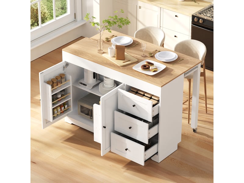 Îlot de cuisine blanc sur roulettes muvano avec plan de travail effet bois, 3 tiroirs et 2 portes - Conforama D
