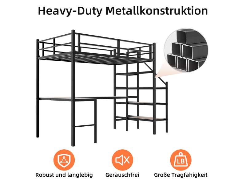  Lit mezzanine 90x190 cm avec bureau en l et escalier, métal, noir, sans matelas  - Conforama E