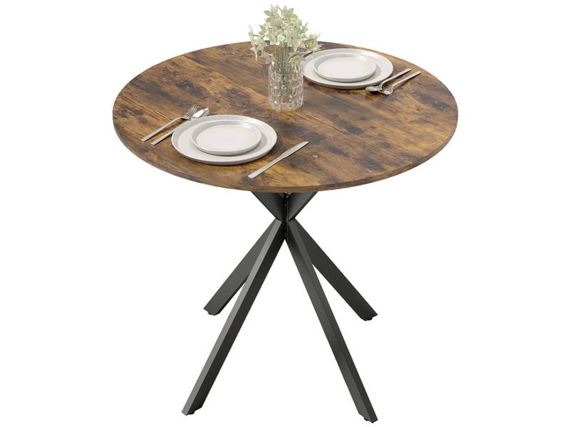  Table à manger ronde pour 2 personnes avec plateau aspect bois et piètement croisé en acier, brun rustique  - Conforama B