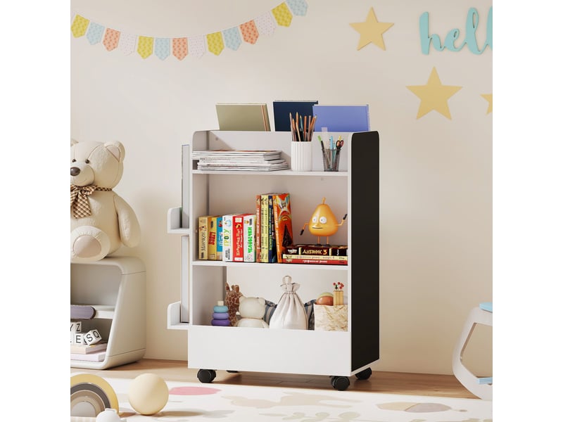 Bibliothèque pour enfant avec roulettes, rangement livre enfant de 3 à 8 ans avec tableau noir, 66,5x32,5x86,5cm, blanc  - Conforama C