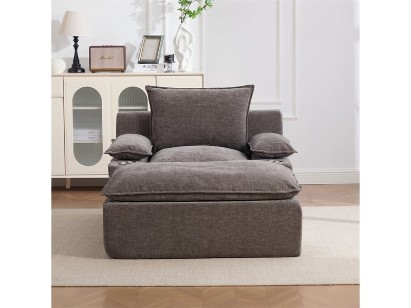  Fauteuil relax avec pouf - 113x93x81cm - chaise longue sous vide sans montage chenille porte gobelet rangement salon - gris  - Conforama C