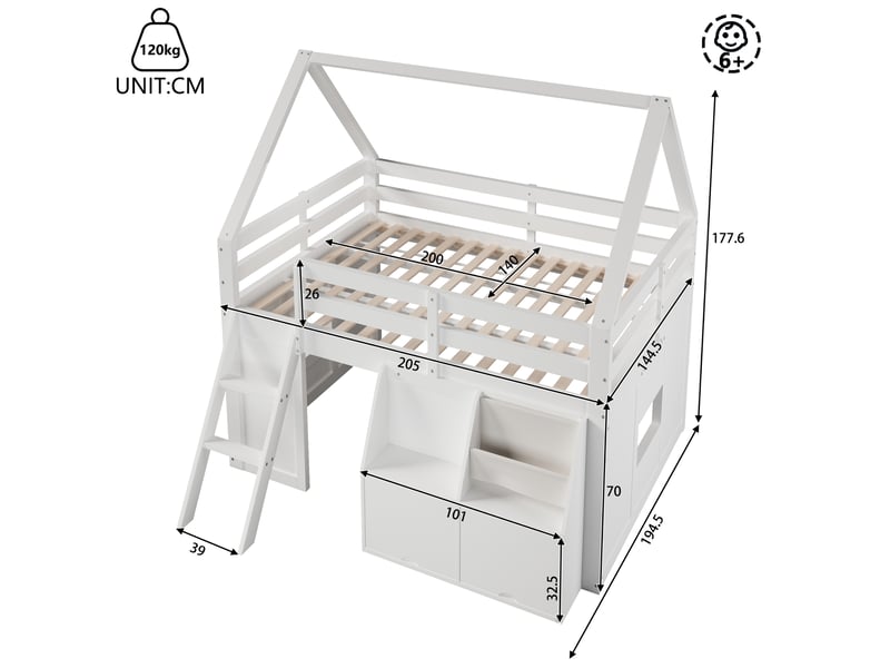 Lit mezzanine 180x200 cm, structure en bois, coloris blanc, rangements intégrés, éclairage led, escalier sécurisé, garde-corps, design cabane  - Conforama C
