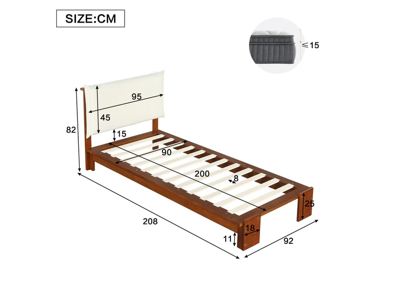  Lit simple 90x200 cm tête de lit rembourrée, lattes stables en pin coloris marron foncé  - Conforama E