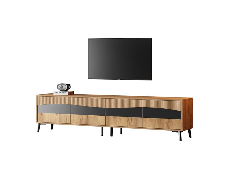 Meuble tv couleur bois support noir 4 armoires 8 pieds capacité charge 30 kg design symétrique bas  - Conforama D