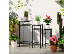 Lot de 3 porte-plantes en métal 28x28x71 cm – bleu et blanc – empilables, plateaux à motif mosaïque