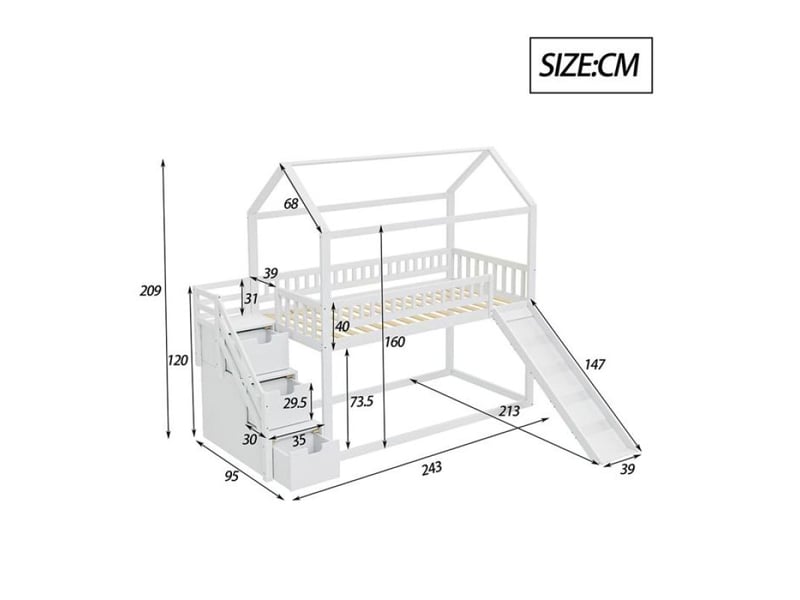  Lit enfant lit cabane 90x200 cm avec toboggan et échelle de rangement blanc  - Conforama D