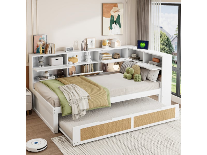  Lit gigogne 90x200 et 90x190, rangement et ports usb et type-c, en bois, blanc, sans matelas  - Conforama C