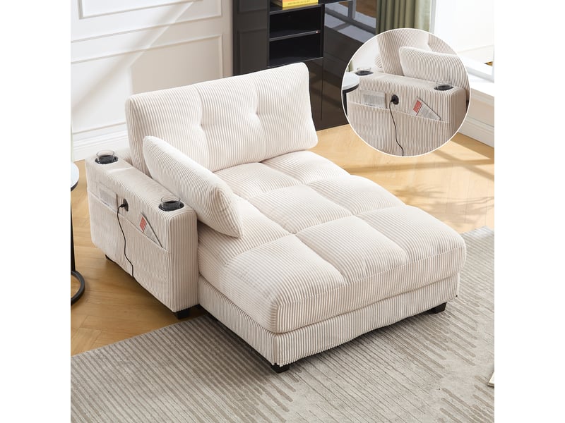  Canapé beige en velours côtelé avec accoudoirs réversibles et coussins d'appui-tête réglables  - Conforama D