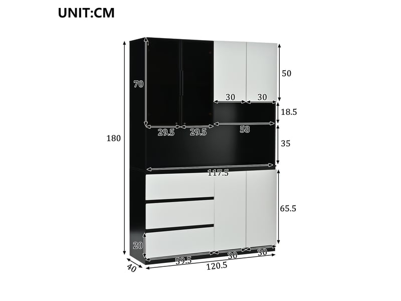  Buffet de cuisine 120,5x40x180 cm blanc noir en panneau de particules et verre, 3 tiroirs, 6 portes, led  - Conforama C