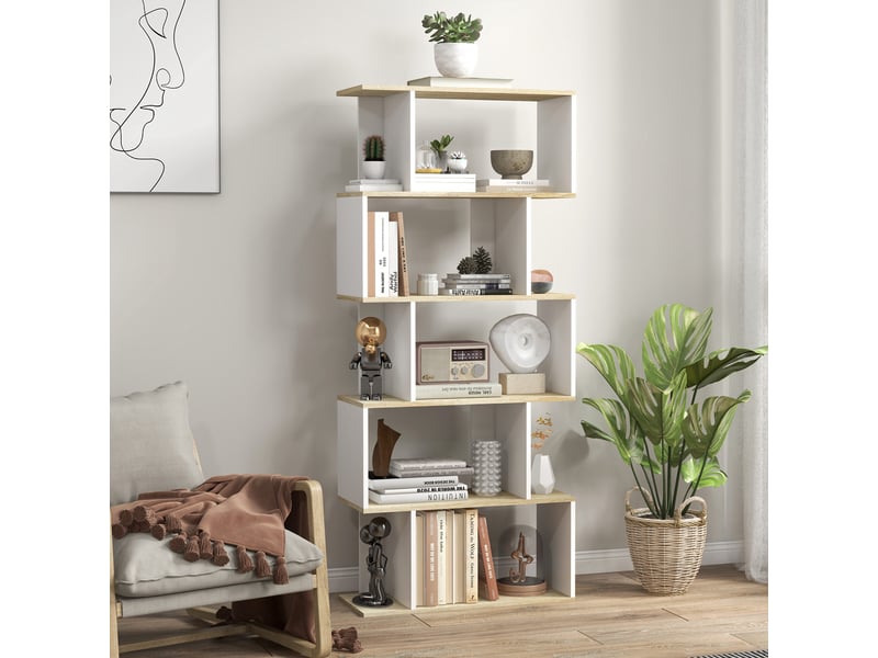  Bibliothèque style scandinave meuble de rangement 5 étagères anti-basculement charge 25 kg aspect bois &amp; blanc  - Conforama D