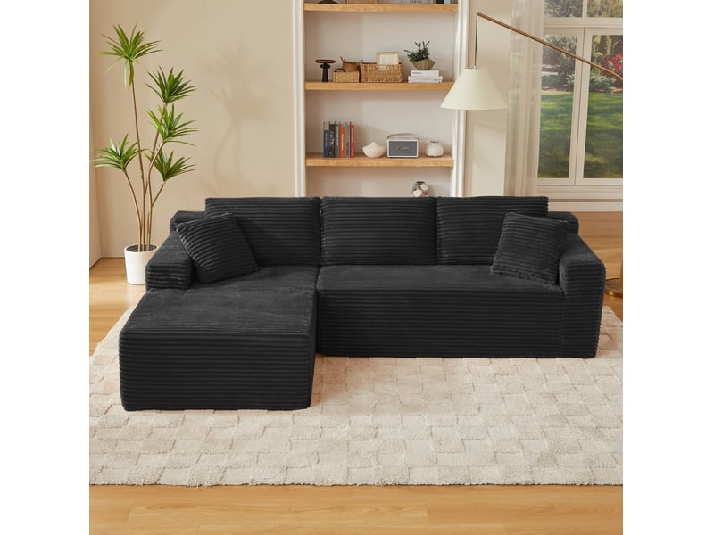  Canapé d'angle ulevr modulable 4 places avec méridienne xxl, 252,5 x 163 x 65 cm, mousse à mémoire de forme et ressorts, noir  - Conforama E